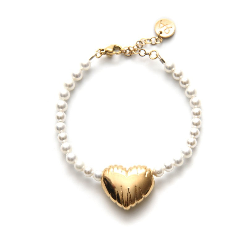 Bracelet Bonheur coeur doré 24 carats , perles d'eau douce femme réglable -9Avril